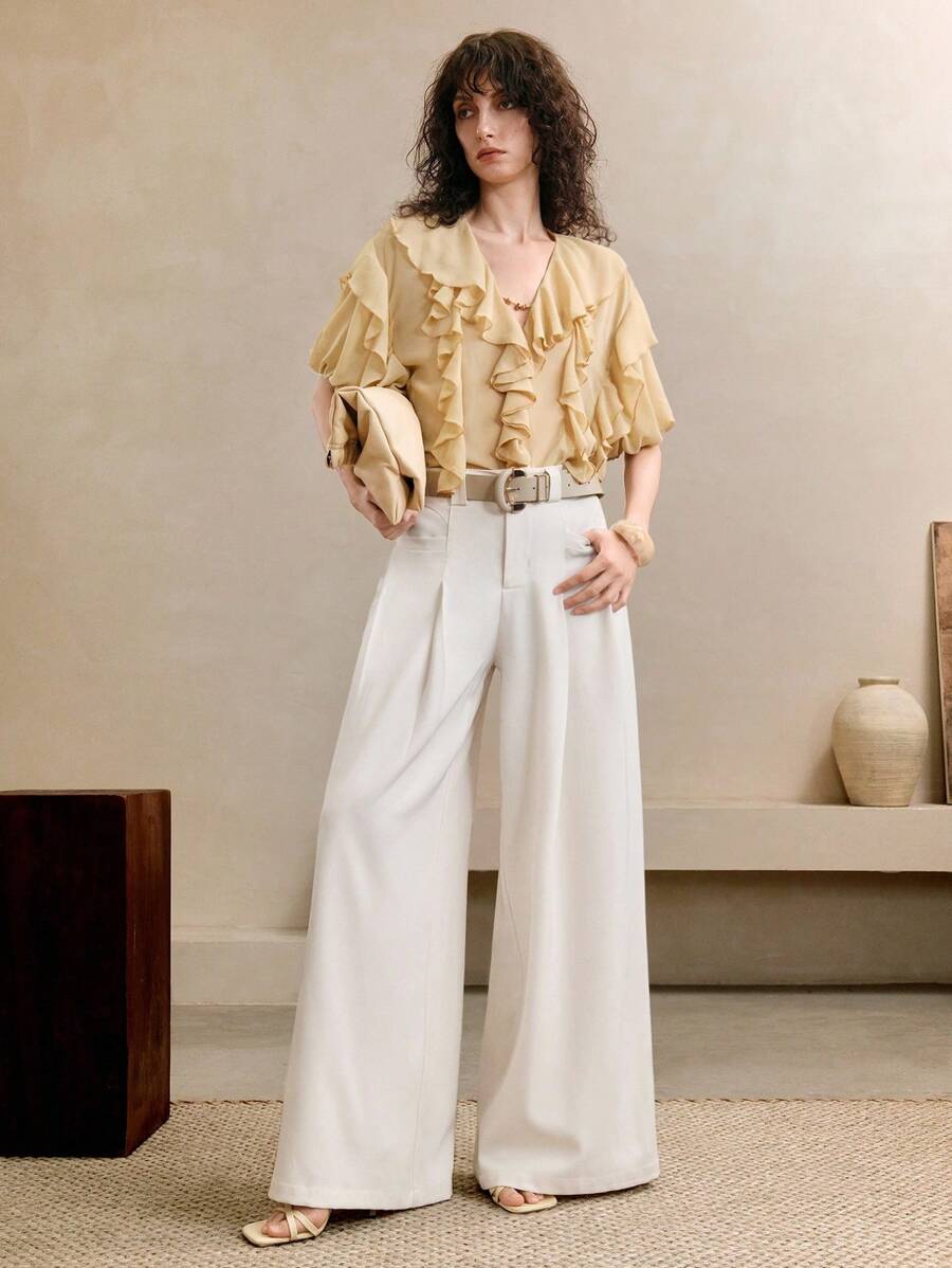 Arave Blusa casual da donna a maniche corte, a tinta unita, con scollo a V, decorata con volant, elegante e romantica