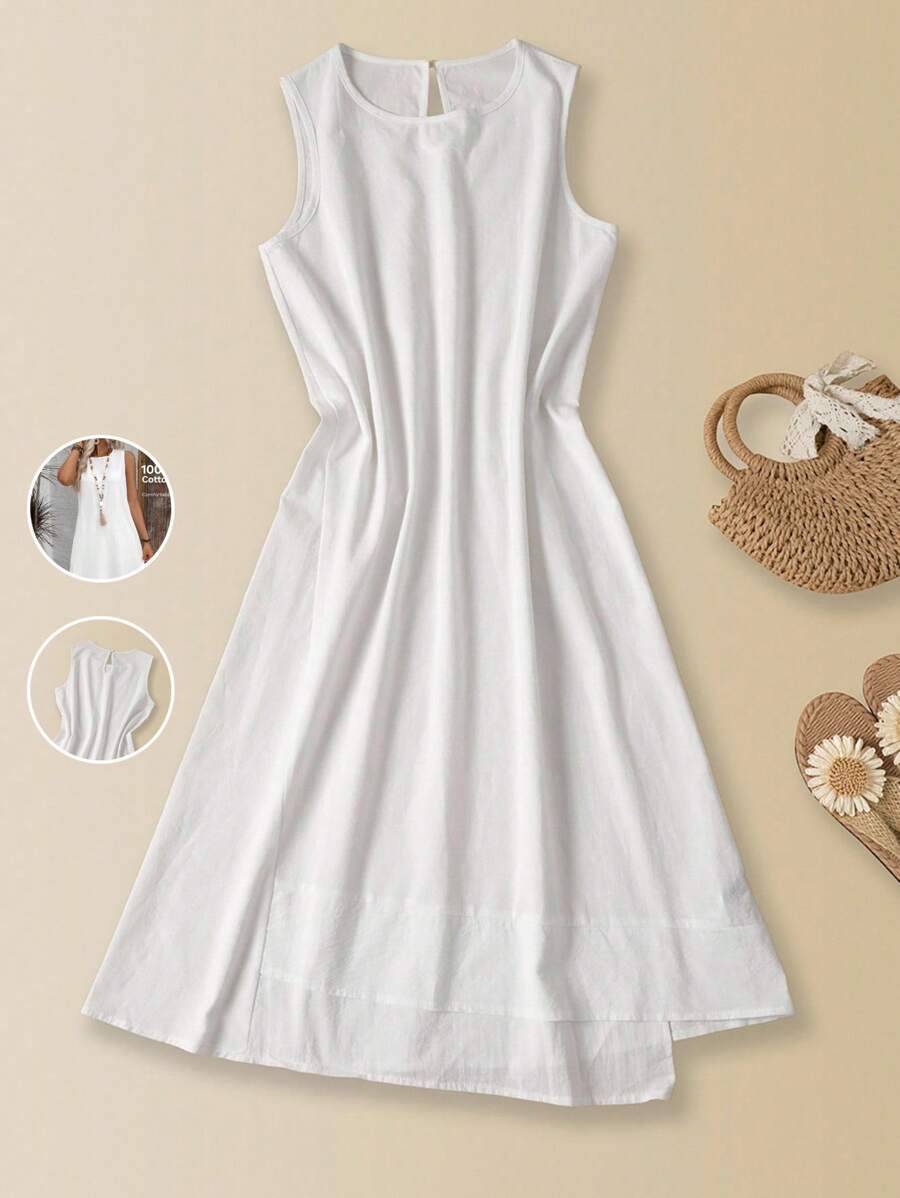 EMERY ROSE Vestido de verano sin mangas de algodón informal con cuello redondo y corte evasé en color blanco