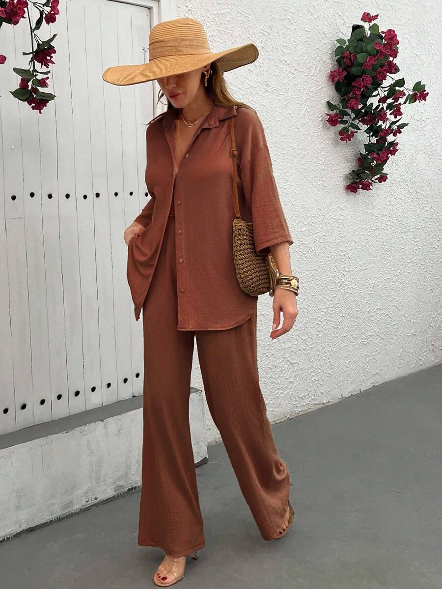 SHEIN Conjunto de dos piezas con blusa de corte holgado y pantalón para mujer
