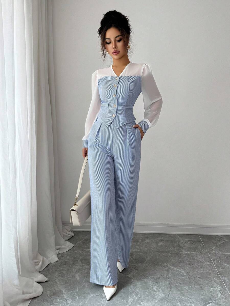 Elenzga Conjunto de 2 piezas con camisa de rayas y pantalones de una sola hilera elegante para dama