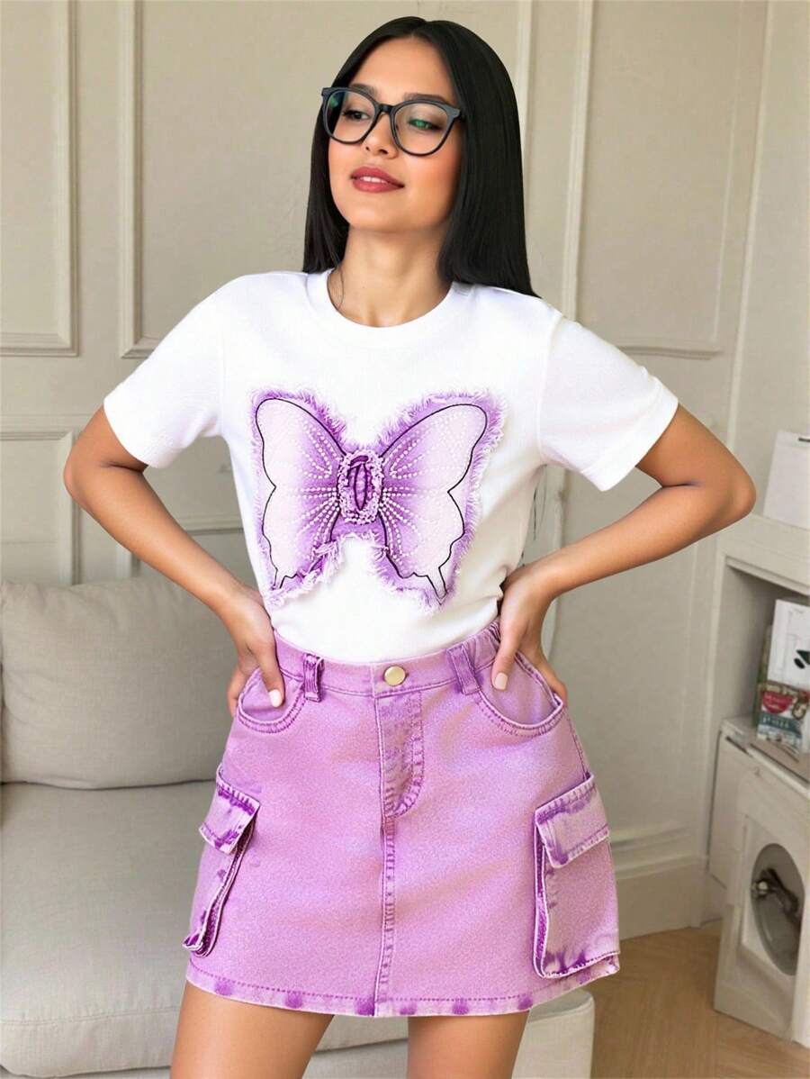 1 Set Teenager Girls Casual Fitted Short Sleeve T-Shirt With 3D Butterfly Wash Denim Patch Embroidery Design & Purple Wash Fitted Denim Cargo Pocket Half Skirt, Simple Stylish Daily Wear