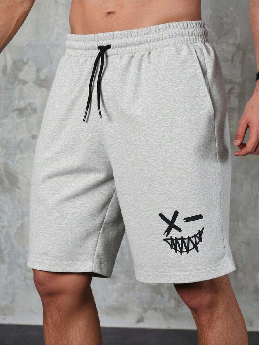 RueChic Pantalones cortos de hombre con cintura elástica con cordón y estampado de sonrisa