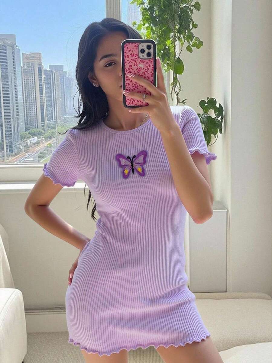 SHEIN Tween Girl Basic Casual Knitted Butterfly Patch A-Line Dress, Spring/Summer.Summer Dress Holiday Outfits