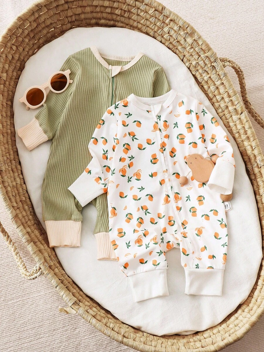 SHEIN 2 Stücke Neugeborene Baby Mädchen Lässig Strick Elastische Farbspleißen Langarm Romper Set