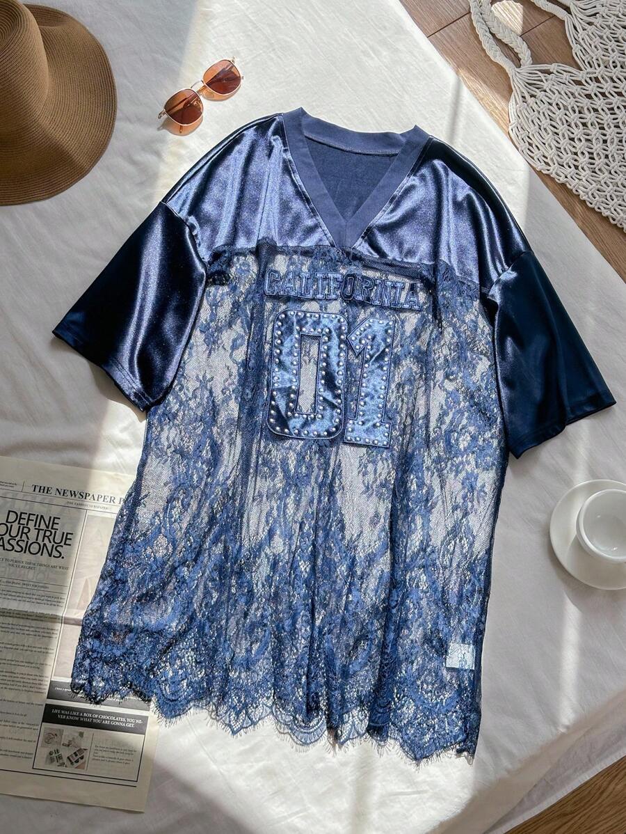 SHEIN EZwear Women Plus Size V-Neck Lace Patchwork Casual Loose Short Sleeve Blouse Plus Size Lace Dress Plus Size Lace Top