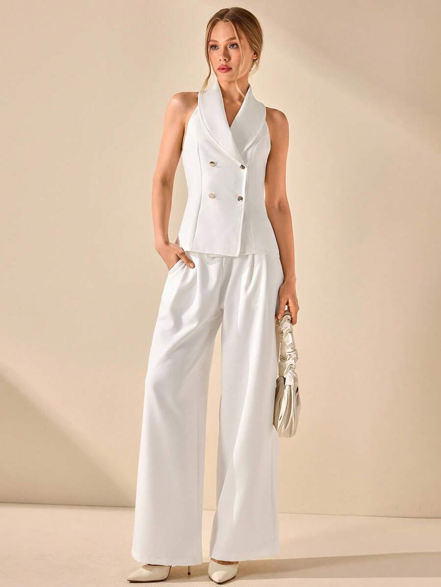 CLARA VERO Conjunto de 2 piezas para mujer con chaleco de cuello halter y pantalón ancho plisado elegante