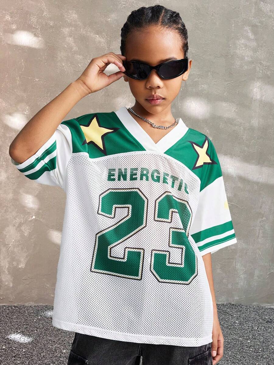 Coolane Kids Camiseta casual de manga corta con cuello en V y estampado de letra para niña preadolescente