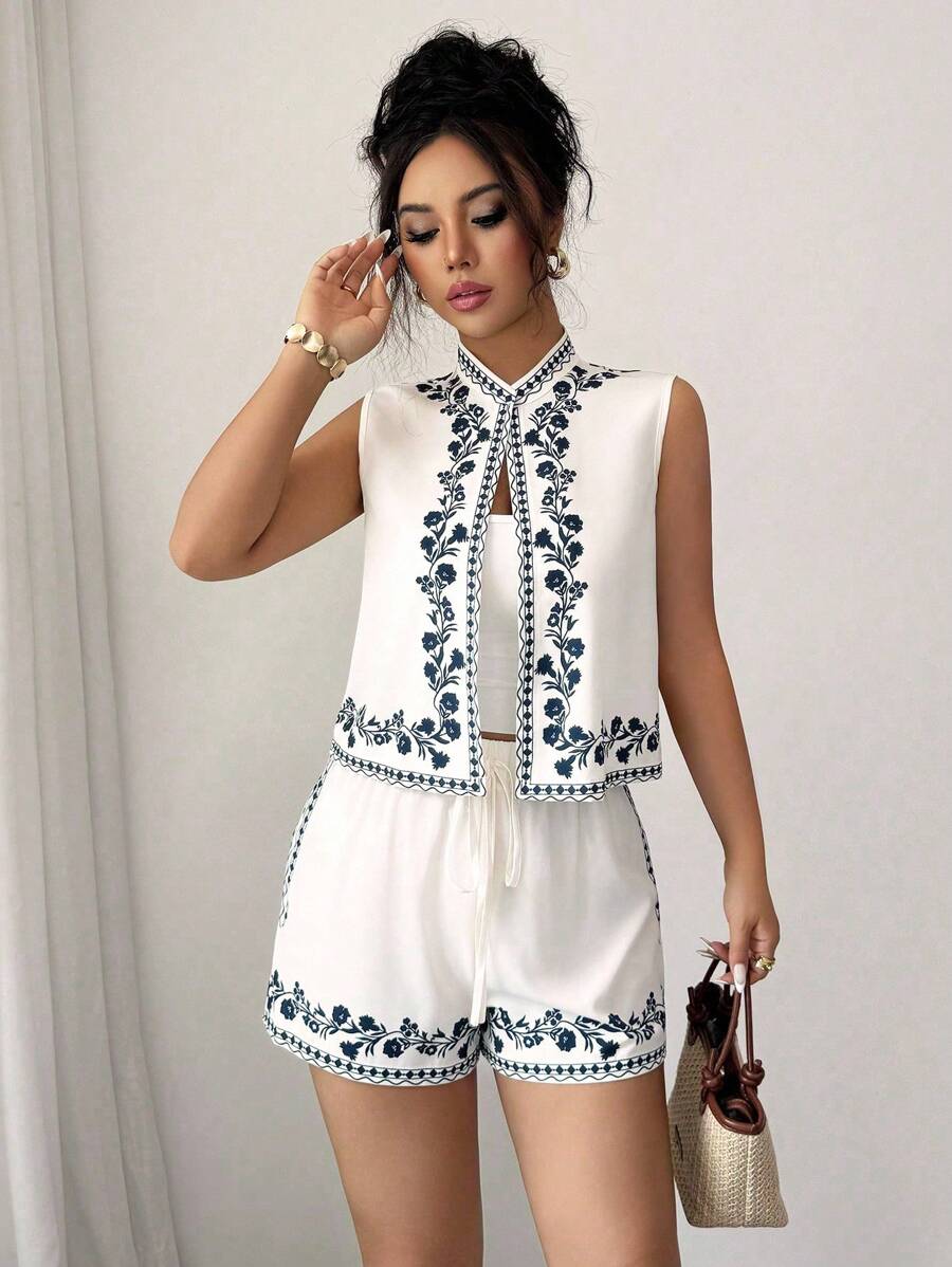 Elenzga Nuovo set estivo elegante composto da cardigan smanicato a fantasia a righe e fiori e pantaloncini in vita elastica, 2 pezzi casual comodi e di per resort