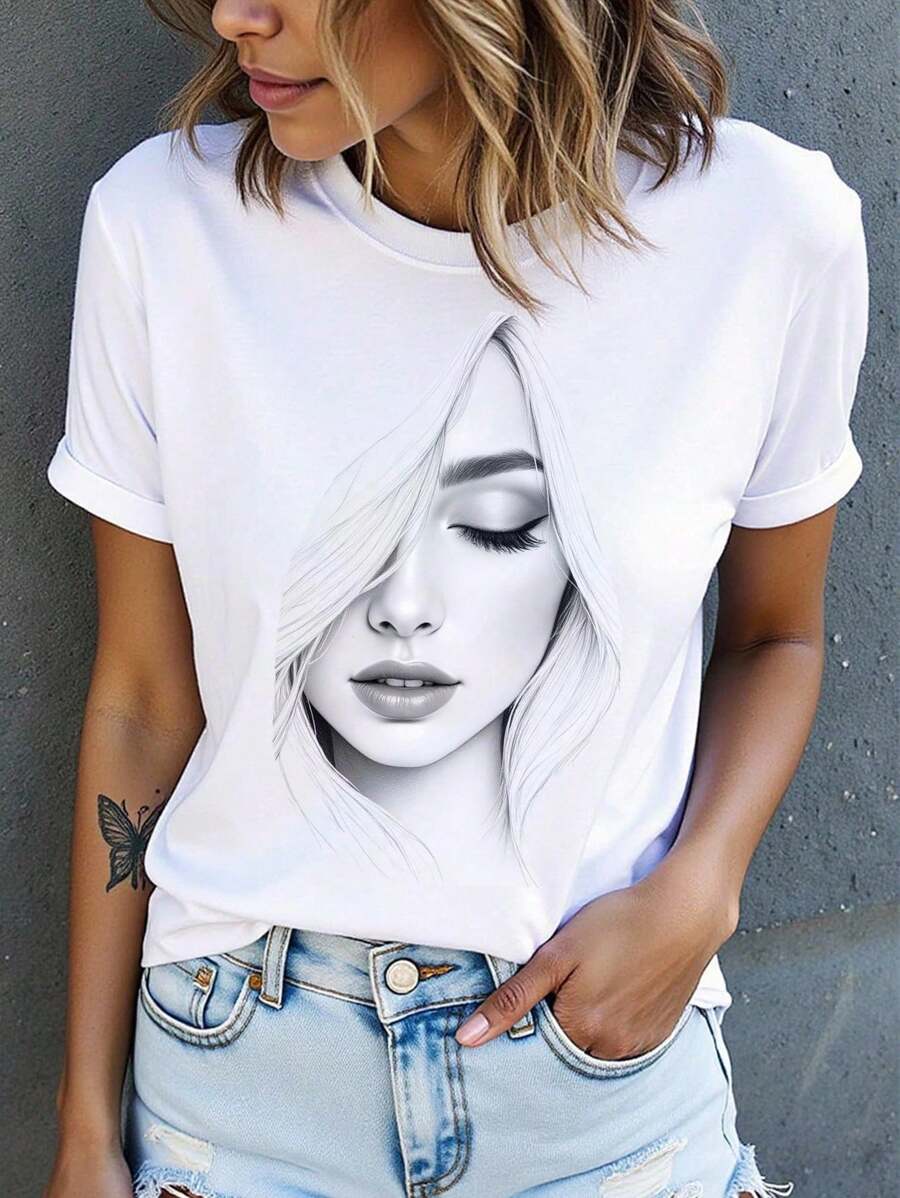 Calvaya Plus-Size Women's Casual Series Facial Printed Short-Sleeved Round-Neck T-Shirts, Spring And Summer