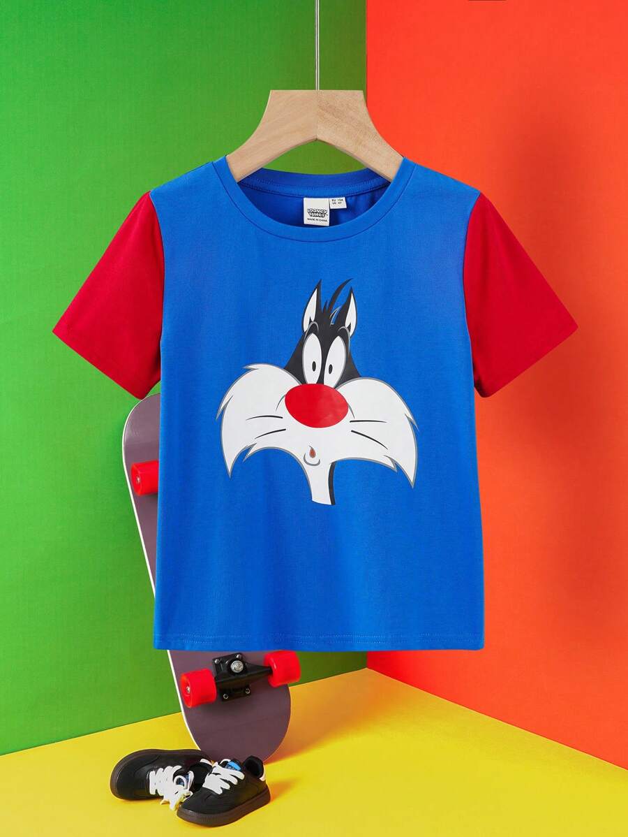 LOONEY TUNES X SHEIN maglietta a maniche corte per ragazzo giovane, con motivo a blocchi di colore e gatto cartoni animati