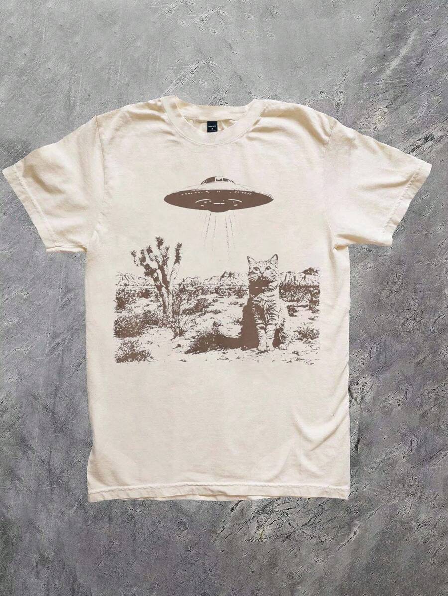 Noixe Men T-Shirts Vintage UFO Cowboy Cat Shirt, Retro T-Shirt, Retro 90s Western TShirt, Rodeo Shirt, Wild West Kitten Shirt, Funny Gag Gift Tee, Meme Shirt, Now, Fashion Tee Tops Shirts, Aesthetic T-Shirts, Siblings Gift, Gift For Him, Funny T-Shirts