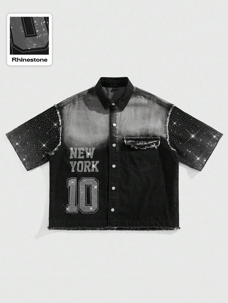 ROMWE MEN Street Life Men's Boxy Fit Rhinestone Embellished Denim Shirt