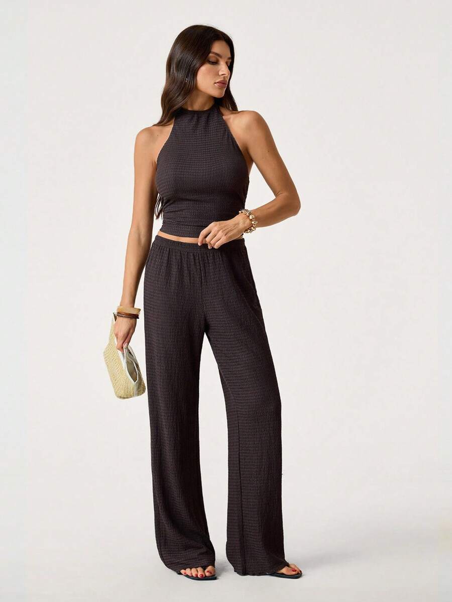 SHEIN Tall 2pcs/Set Women Vacation Casual Solid Color Backless Tank Top And Long Pants