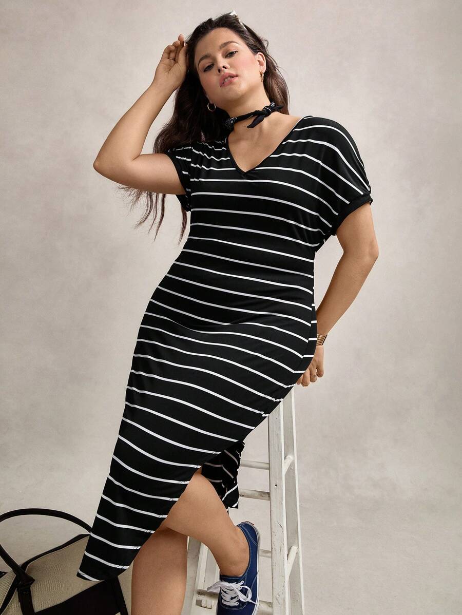 Zelara Plus Size V-Neck Raglan Curved Hem Mid-Length Loose Dresses For Summer Autumn Clothes Back To School School Clothes Homecoming Teacher Striped
