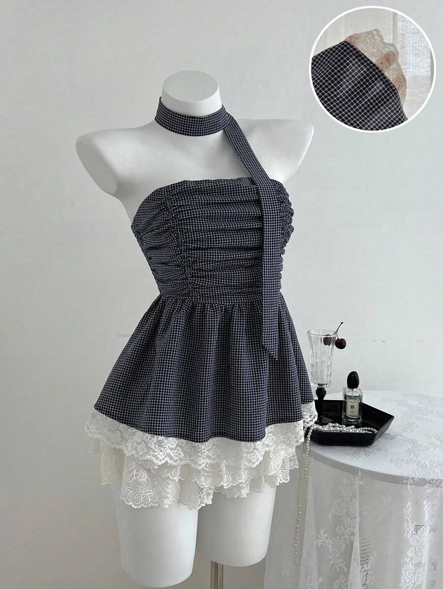 Elamini Lace Hem Crop Top With Plaid Strap Details
