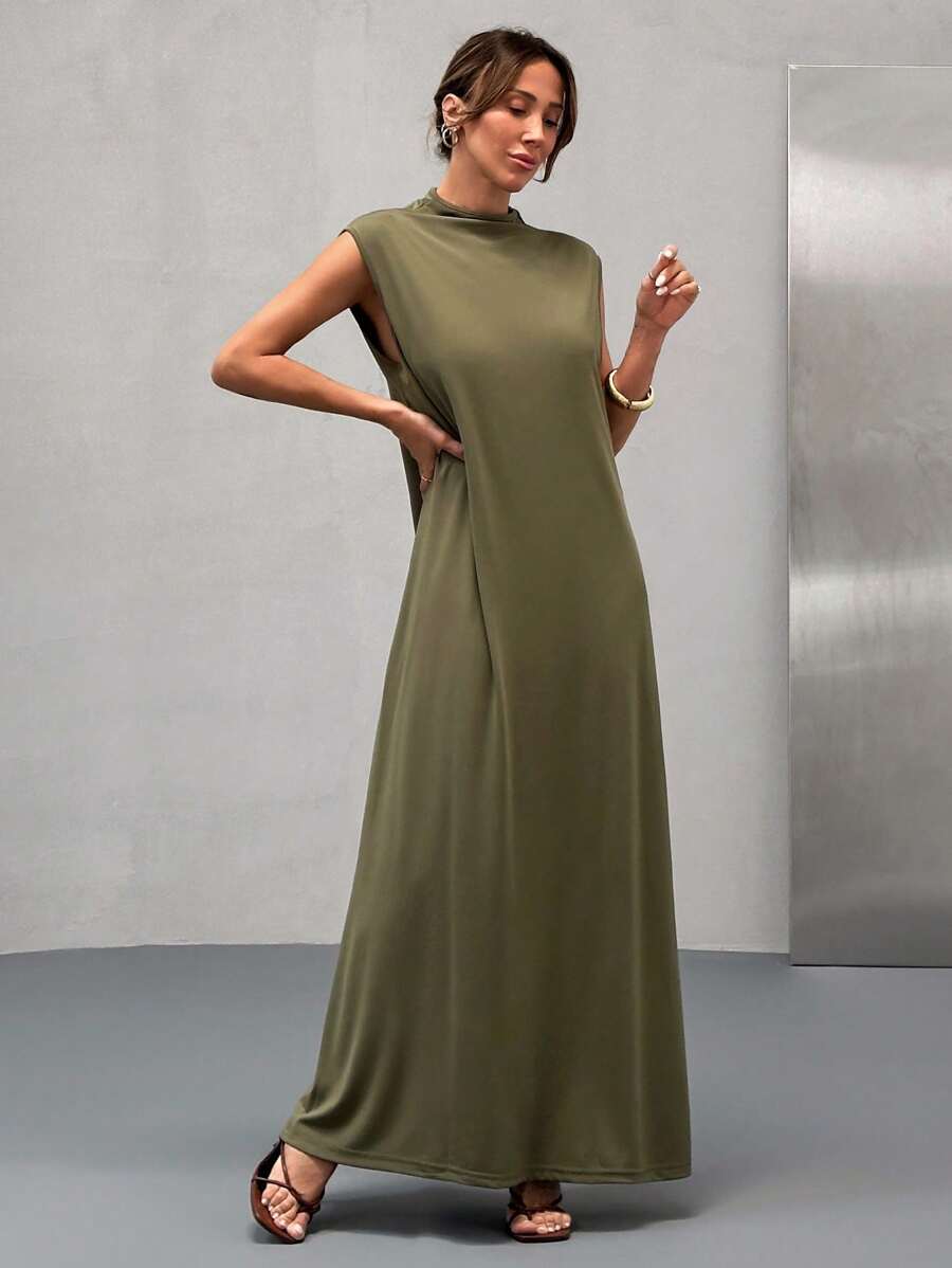 SHEIN Vestido de mujer de cuello redondo, con tirantes y mangas, de color caqui para uso casual diario
