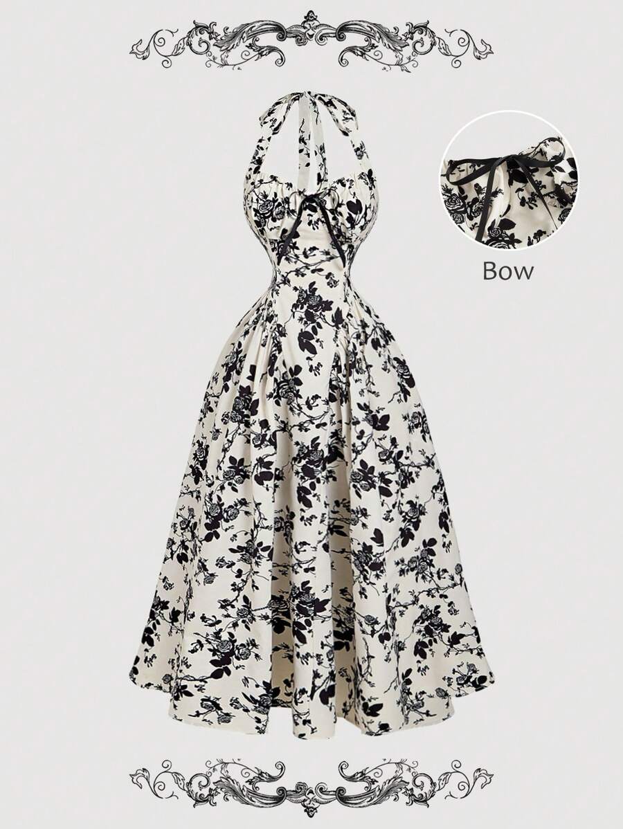 SHEIN MOD Vestido de longitud media con estampado floral y cuello de lazo para mujeres