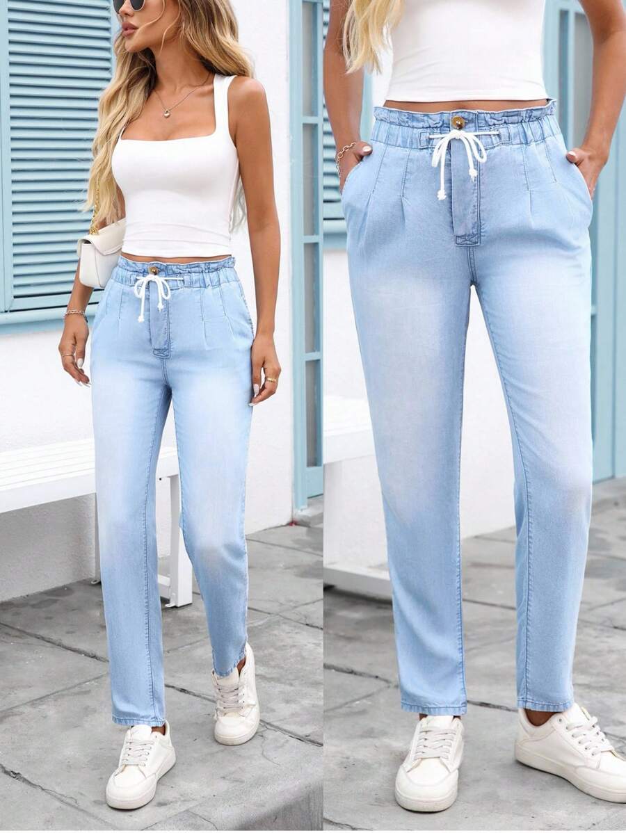EMERY ROSE Pantalon décontracté serré pour femmes avec cordon de serrage à la taille et poches, motif fleurs en boutons