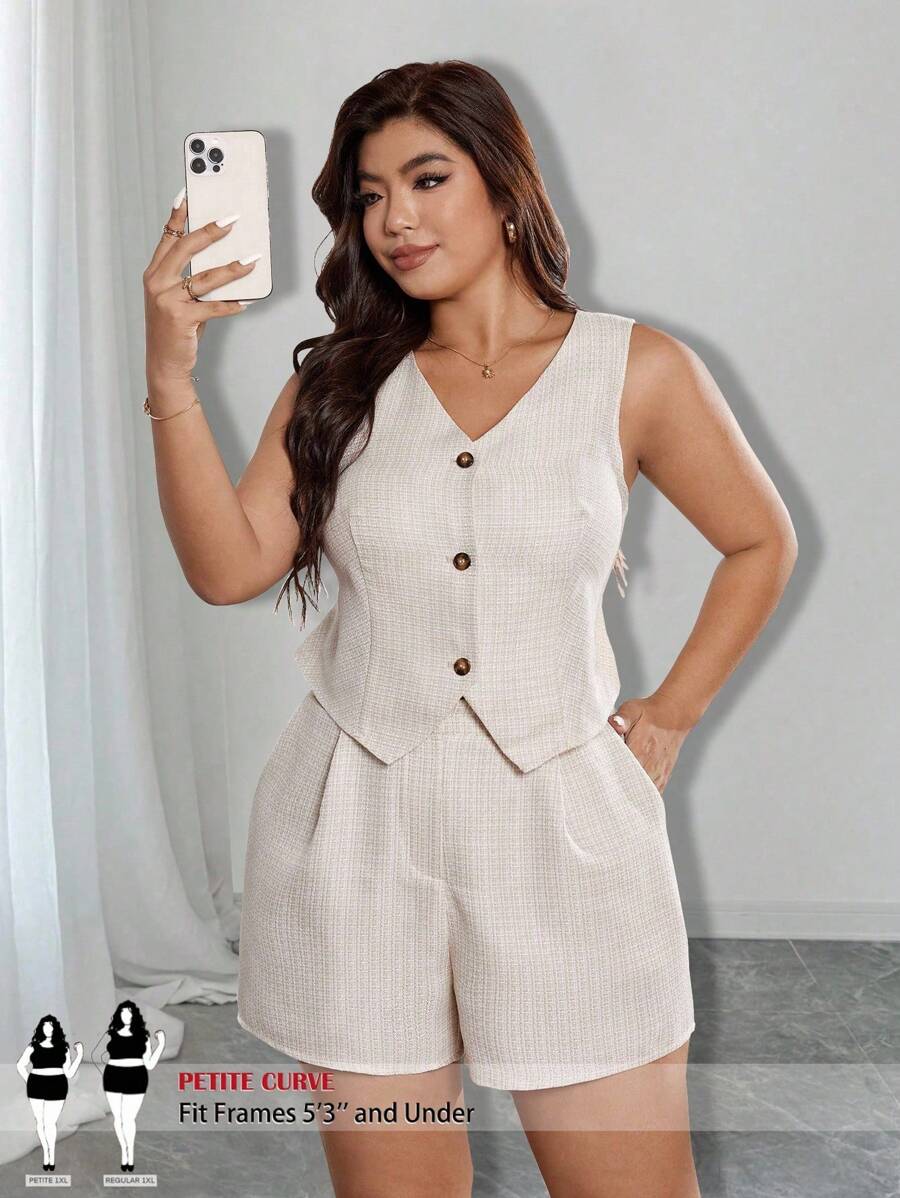 SHEIN PETITE Plus Size Women 2pcs Set Simple Vest And Loose Shorts, Stylish Commute Minimalist Elegant Elegant Summer Women Clothes, Business Casual Outfit