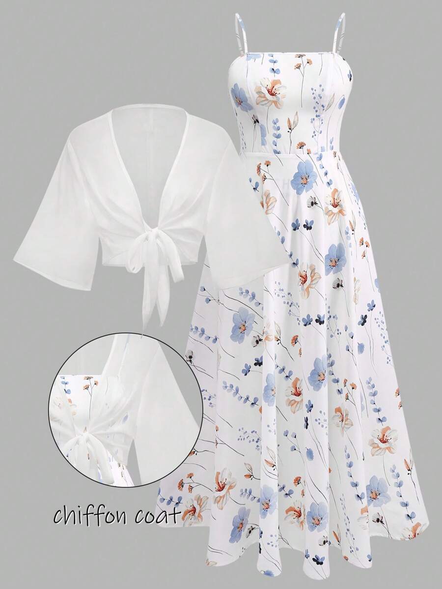 Franclia Plus Size Women Ditsy Floral Chiffon Dress And Elegant Two Pieces Set, Summer