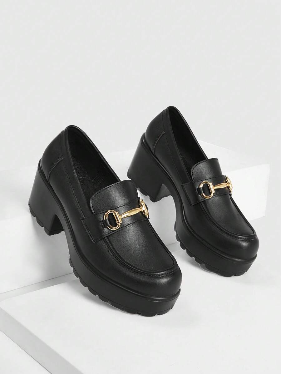 CUCCOO BIZCHIC Zapatos de mujer tipo mocasín con plataforma, detalle de pespunte y decoración metálica, elegantes, en color negro, para el verano, vacaciones, vuelta al colegio, estudiantes universitarios, básicos elegantes, casual de oficina, Navidad, otoño, Año Nuevo, vacaciones