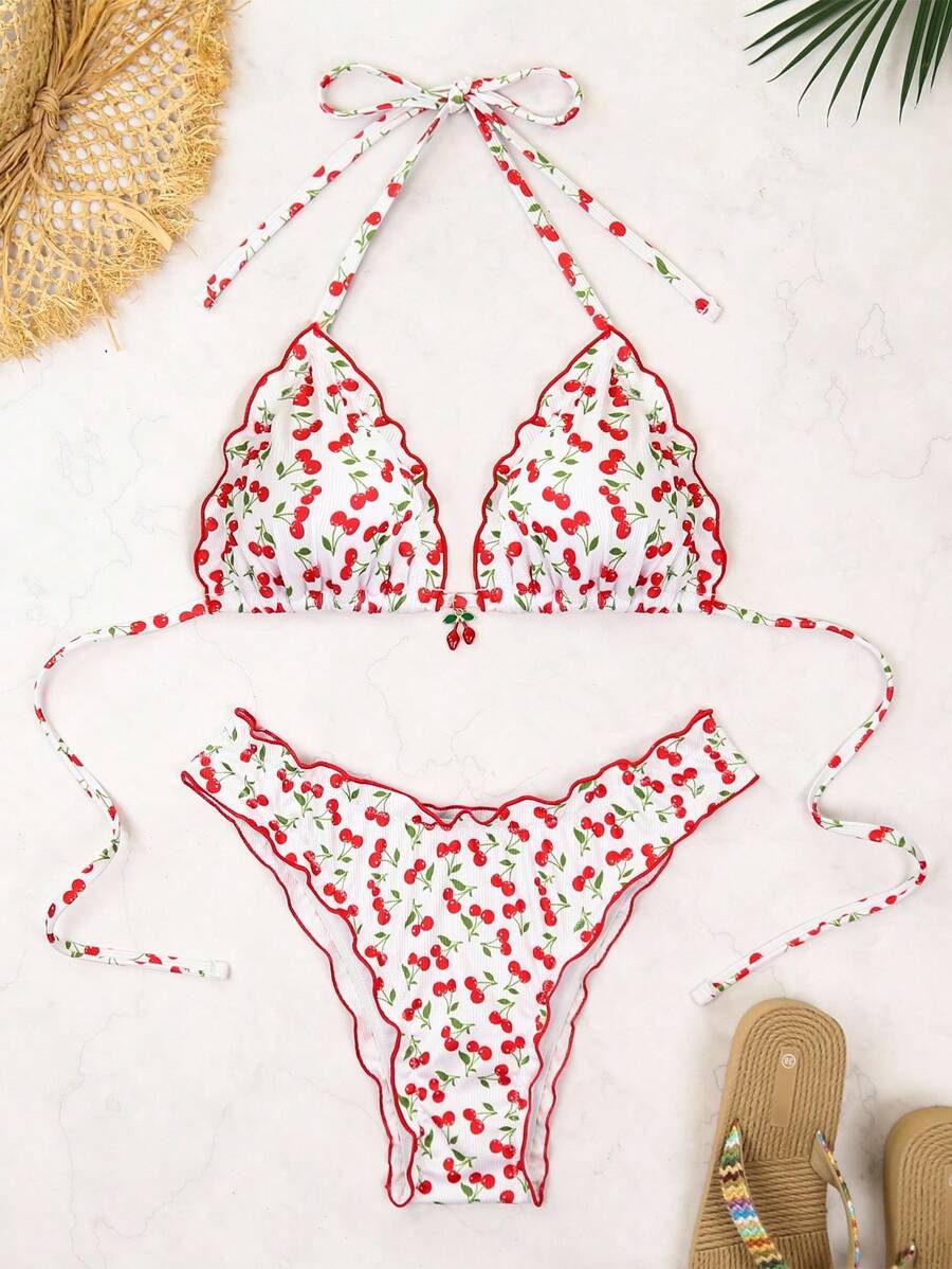Swim Mod Women's Cute Bikini Set, 2 Pieces, Cherry Random Print & Rib Fabric, Casual Resort Swimwear, Summer Beach Outfit