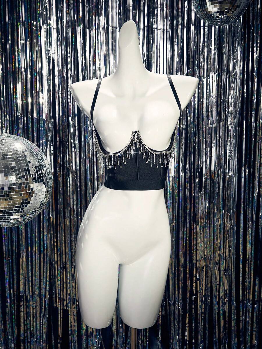 MidnightGlam صدرية مرتفعة بحشو مبطنة ذات كشكشة مرصعة بالراين ستون، ملابس داخلية نسائية رومانسية بلمعة ساحرة للحفلات والنوادي بتصميم مكشوف وجذاب