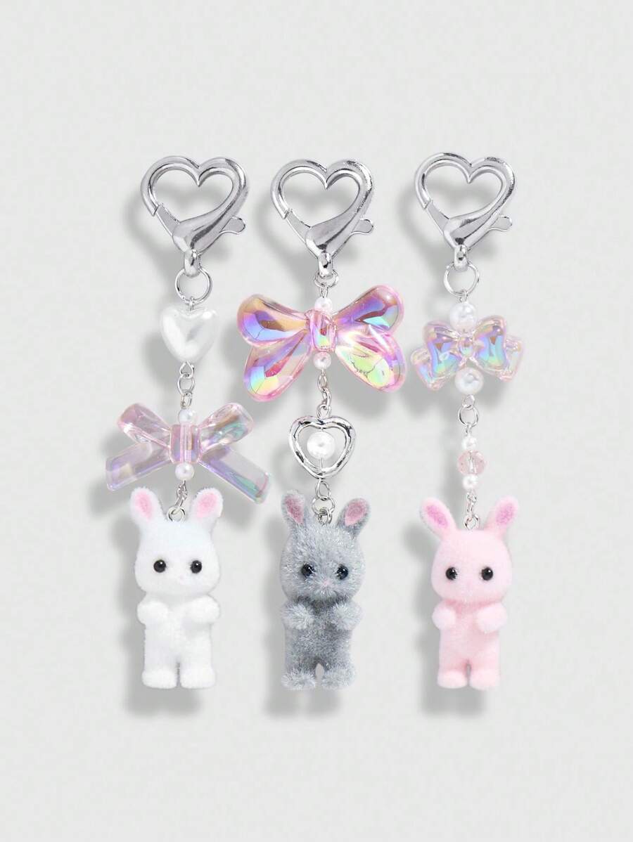 ROMWE Kawaii 3pcs/Set Pink Translucent Bow, White Faux Pearl, Grey/White/Pink Cute Rabbit Flocked Keychain Gift, Fashionable And Delicate Bag Charm, Suitable For Women's Daily Wear And Holidays Valentines