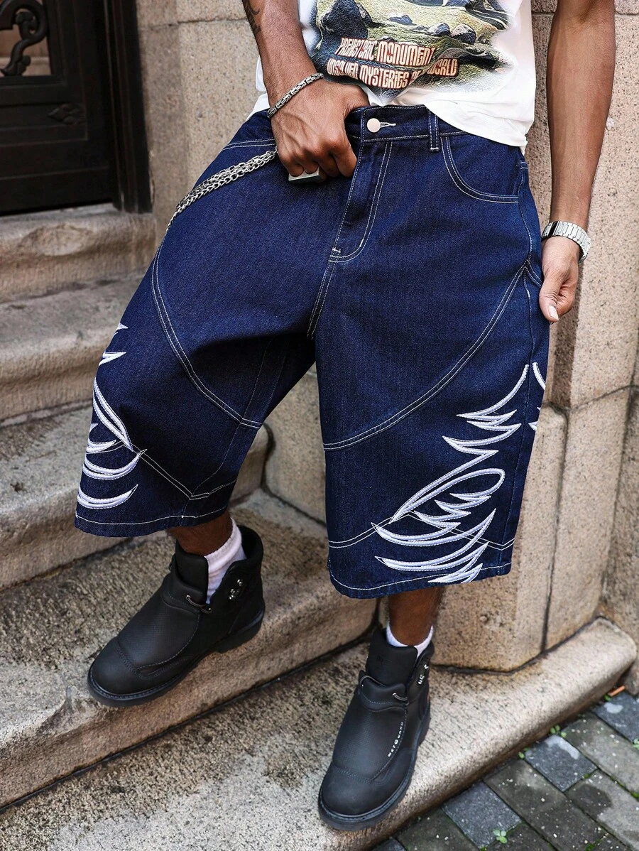 Manfinity Streetrush Summer Street Niche Embroidery Men's Denim Shorts Graphic Baggy Jeans Jnco Jeans Men Hang Out Street Tropical
