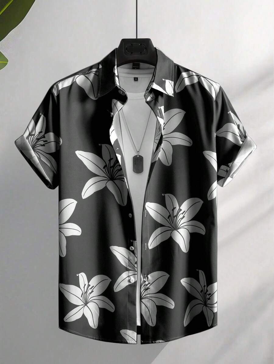Manfinity RSRT Men's Floral Print Single-Breasted Casual Short Sleeve Shirt