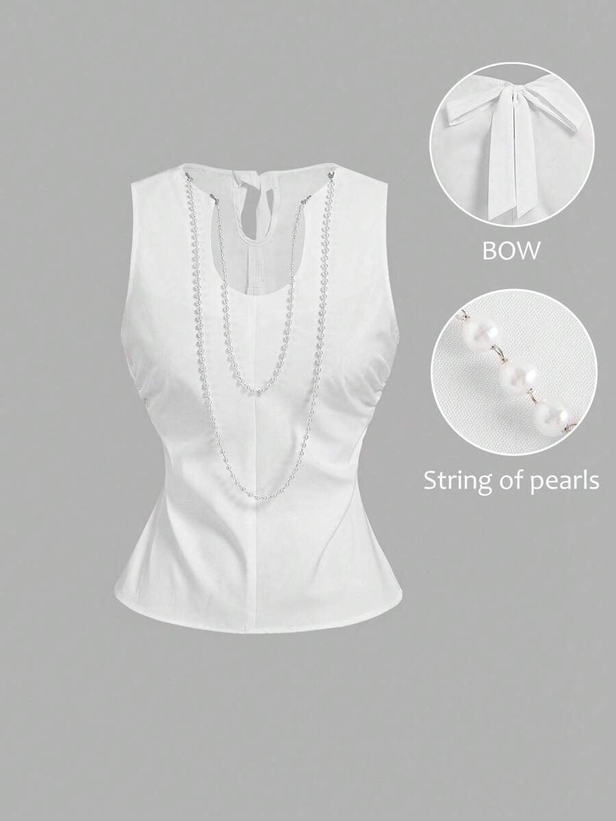 SHEIN MOD Women's Elegant Knot Decor White Fitted Tank Tops,Fashionable For Summer,Summer Tops,Vintage,Old Money,Going Out Top,,Cute Shirts,Back To School Clothes,Office Outfits For Women