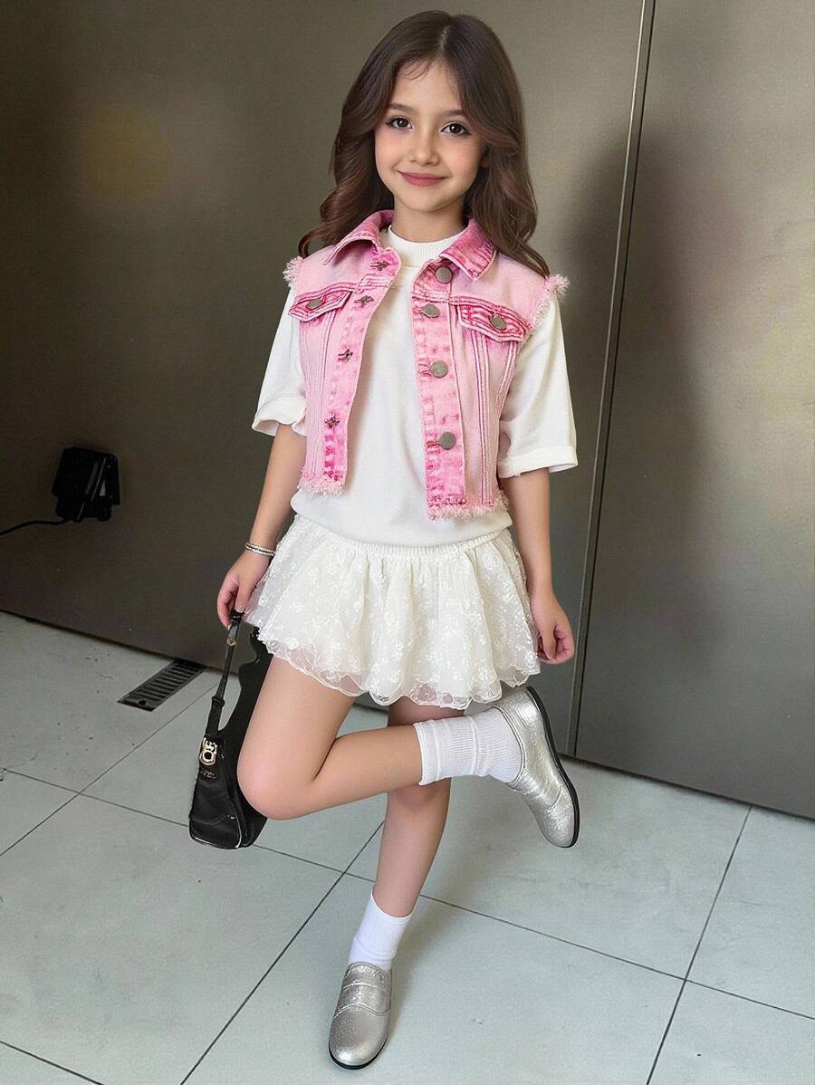 Conjunto de chaqueta vaquera y chaleco para niñas (talla pequeña), chaqueta vaquera rosa corta y estilosa estilo desgastado y deshilachado, chaleco sin mangas con look casual y chic para vacaciones