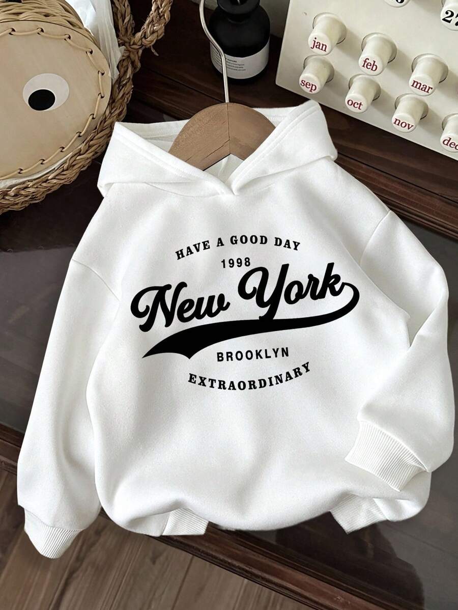 Youth Boy Casual Cartoon City Name Text Graphic Thick Sweatshirt, Suitable For Autumn/Winter