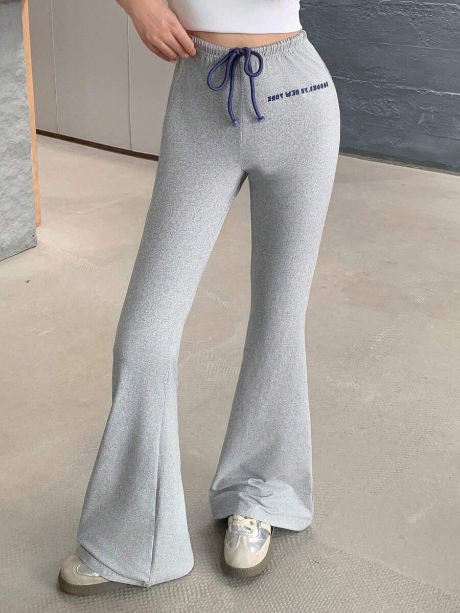 SHEIN Pantaloni evazați cu talie și șnur pentru fete adolescente, pantaloni skinny gri lungi, cu talie evazată, cu șnur, pentru primăvară/toamnă, casual, cu șnur, stil casual de zi cu zi