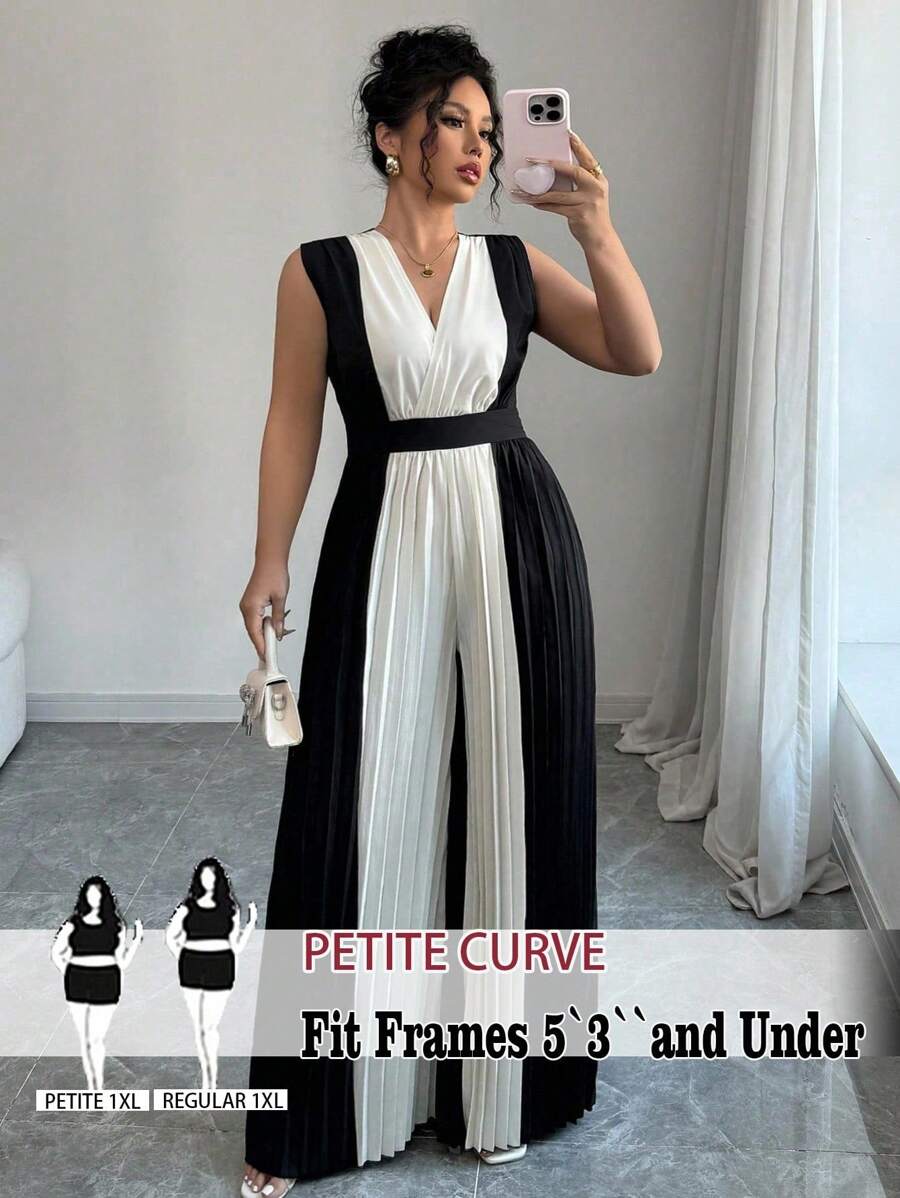 SHEIN PETITE Damen Jumpsuit in Große Größen mit geraffter Taille, weiten Beinen und V-Ausschnitt, Lässig eleganter Stil für Büro und Urlaub
