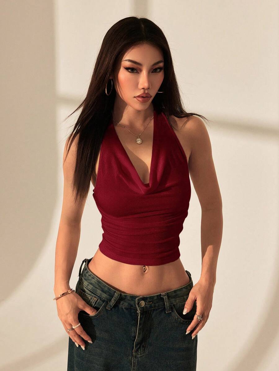 SHEIN PETITE Top aderente corto, da donna, con scollo a drappo, arricciato, allacciato al collo, senza schienale, abbigliamento da strada, estivo