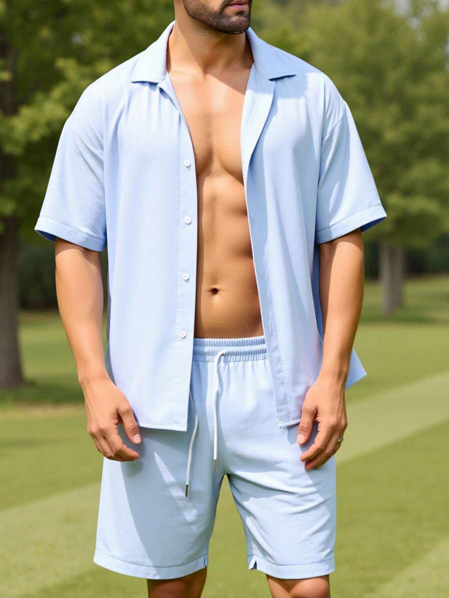 Manfinity Nomadique Men's Casual Bamboo Knit Solid Color Short Sleeve Shirt And Drawstring Waist Pocket Shorts Set, Summer