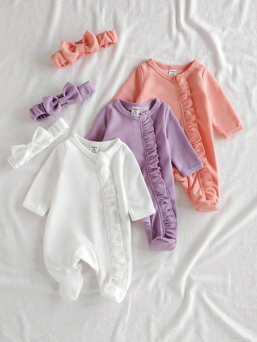 SHEIN Vintaside Kids Newborn Baby Solid Color Long Sleeve Ruffled Edge Romper
