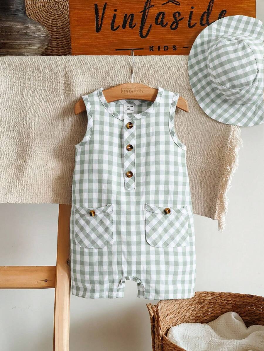 SHEIN Vintaside Kids Pelele de niño bebé con estampado de cuadros y medio botón, con bolsillos duales y sombrero, para Navidad