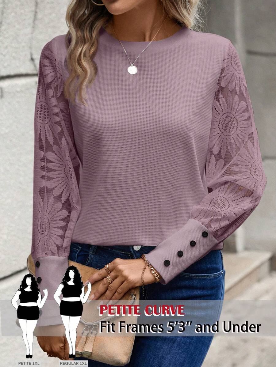 SHEIN PETITE CURVE Plus Size Women Floral Mesh Long Sleeve Top, Fashion Blouse For Autumn