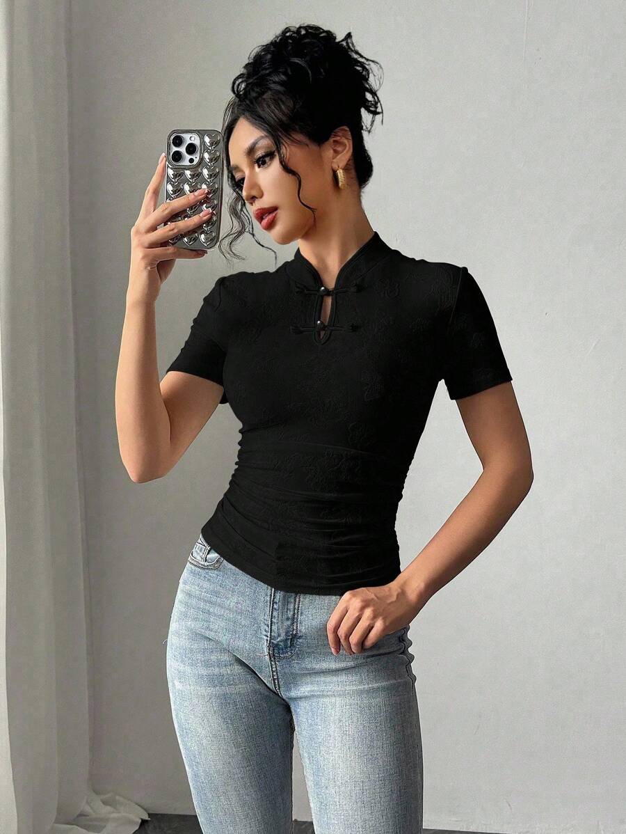 Gloray Damen Kurzarm Jacquard Stickerei Knopf-up Raffung Taille T-Shirt