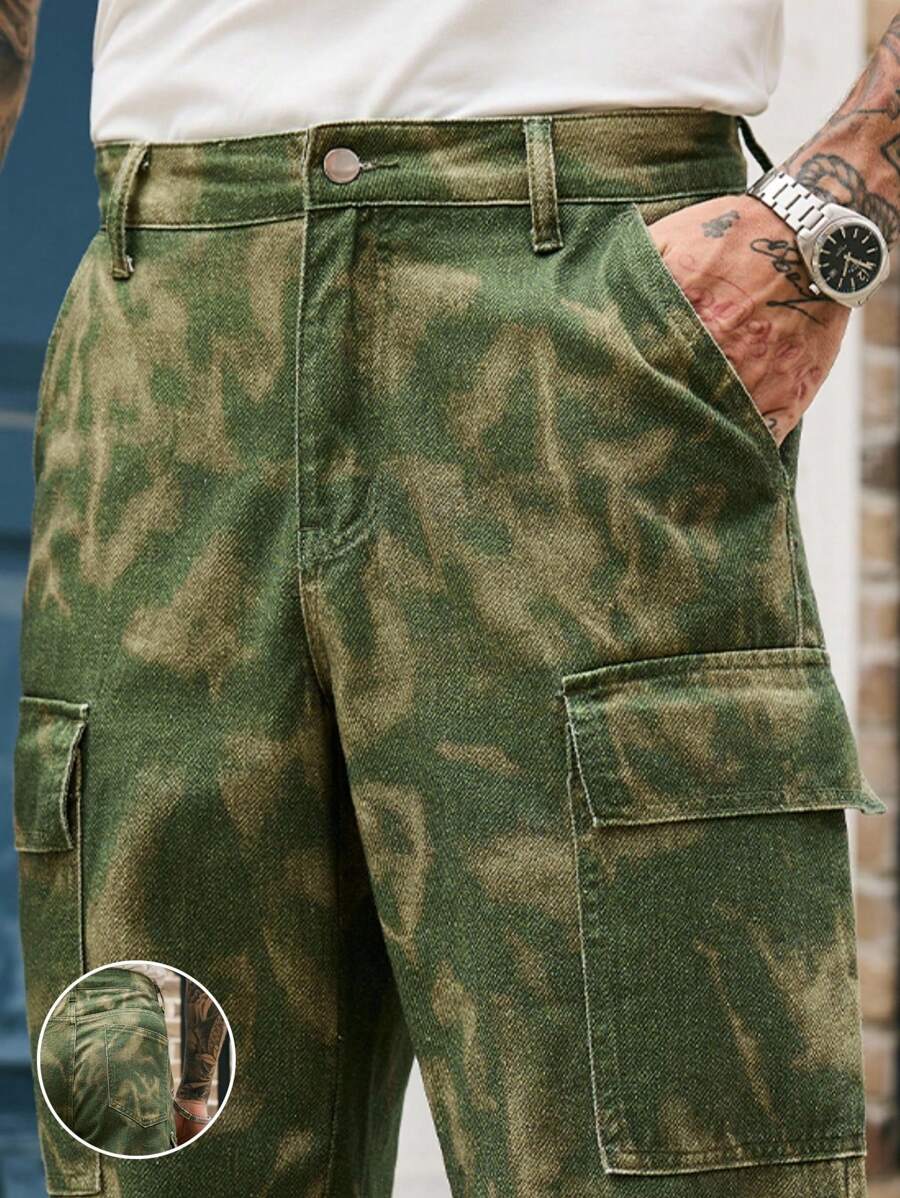 RivetRise Jeans casuales de pierna recta lavados con bolsillos tipo cargo para hombre