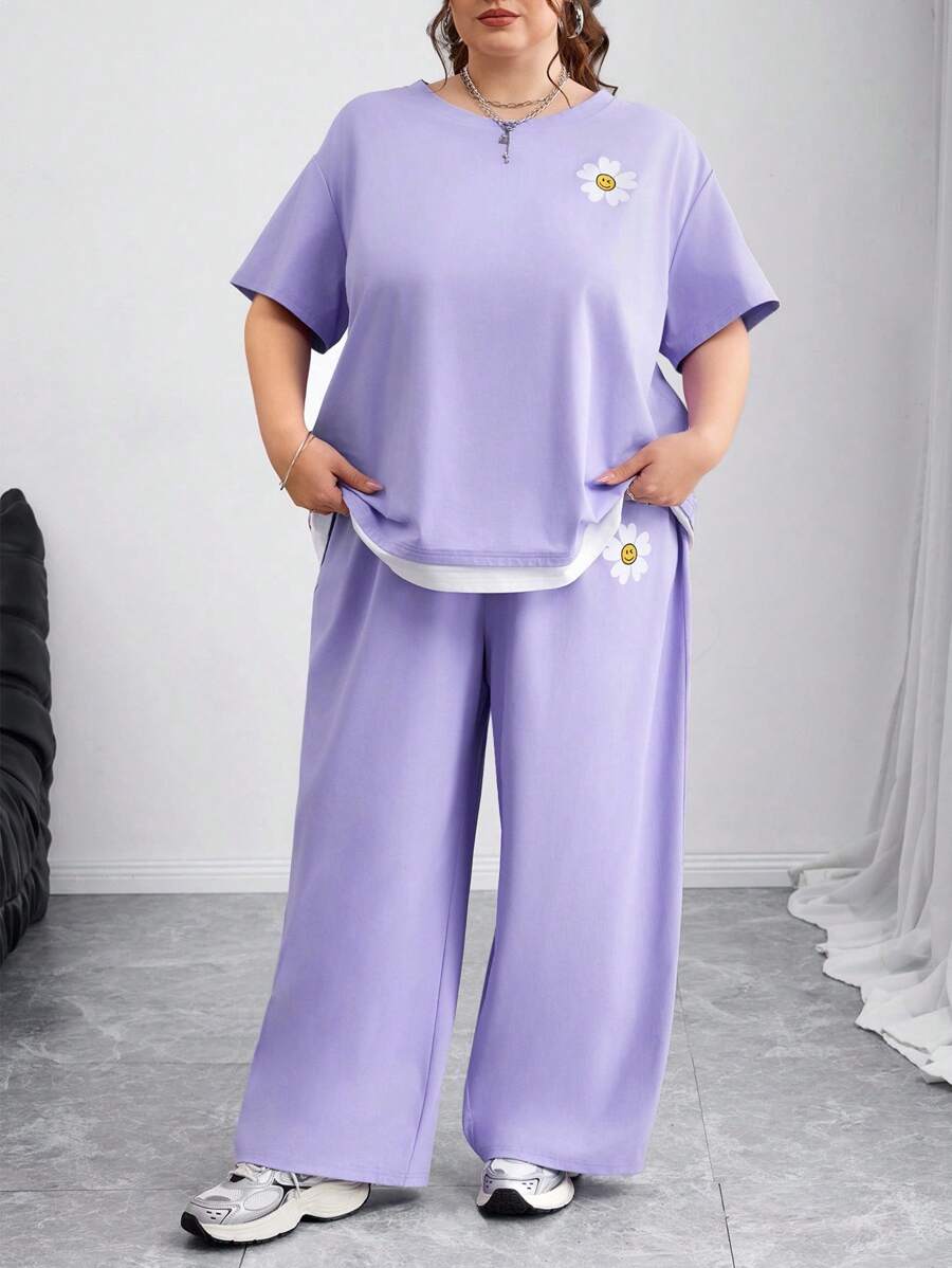 SHEIN CURVE+ Plus Size Women 2Pcs Set, Casual Loose Print Top And Wide Leg Pants Suit