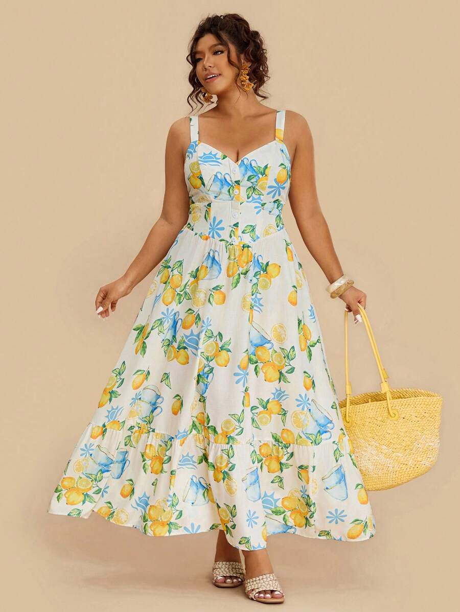 Travachic Robe élégante sans manches avec design à boutons et imprimé de fruits pour femmes grandes tailles