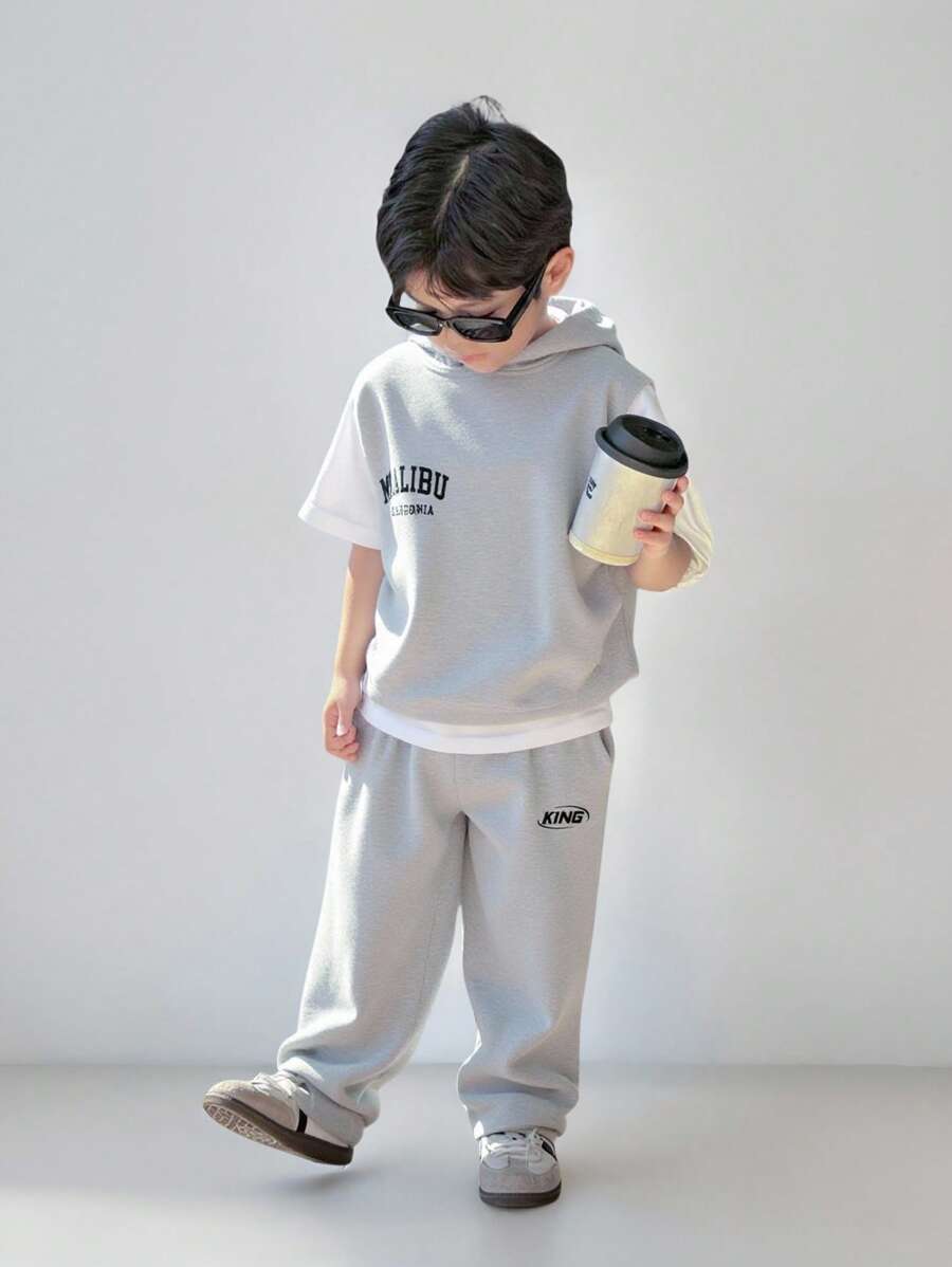 Conjunto de 2 piezas para niños pequeños: suéter con capucha y decoración de parche lindo y pantalones estampados de color liso, casual, apto para primavera/verano, escuela, hogar, diario, deportes, fiesta de cumpleaños, viajes al aire libre, básico y versátil
