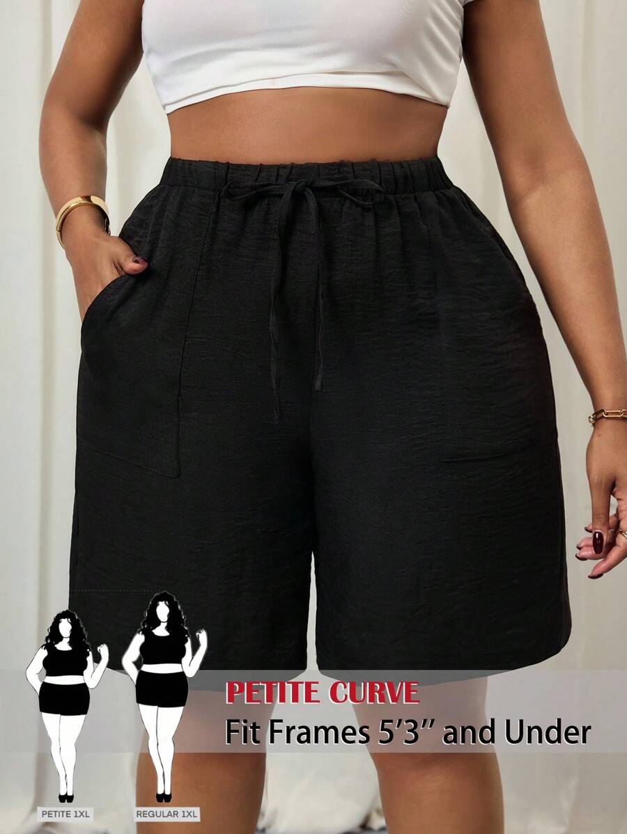 SHEIN PETITE CURVE Plus Size Women's Black Drawstring Waist Pockets Casual Country Linen Shorts Summer Shorts For Women Spring Outfits For Women Vacation Outfits Woman