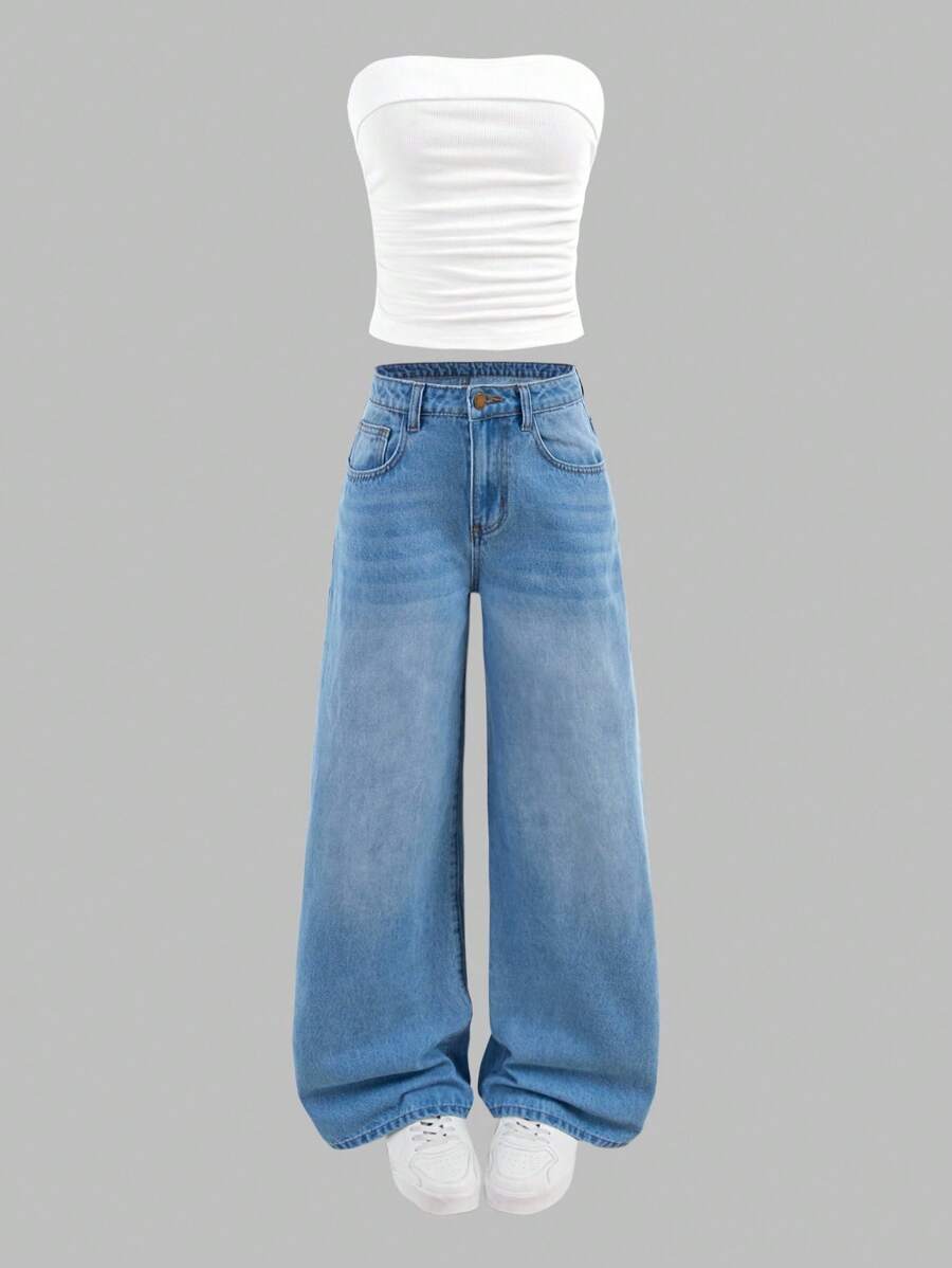 SHEIN Girlism 2 peças/Conjunto Teen Garota Look Denim Branco Top Bandeau de Tricô e Calça Denim Reta Azul