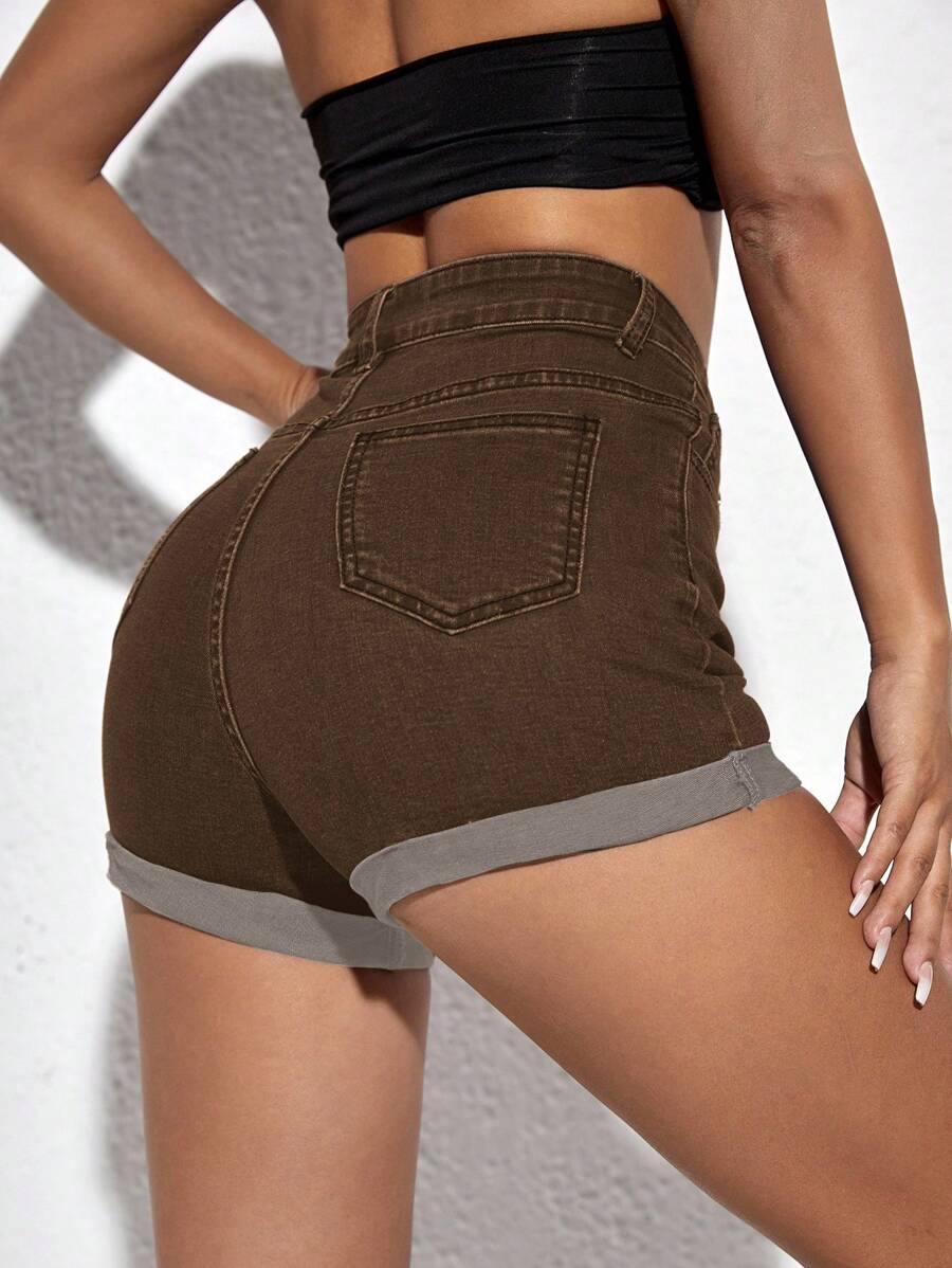 Jeanoix Women's High Waist Rolled Hem Brown Casual Denim Shorts, Summer