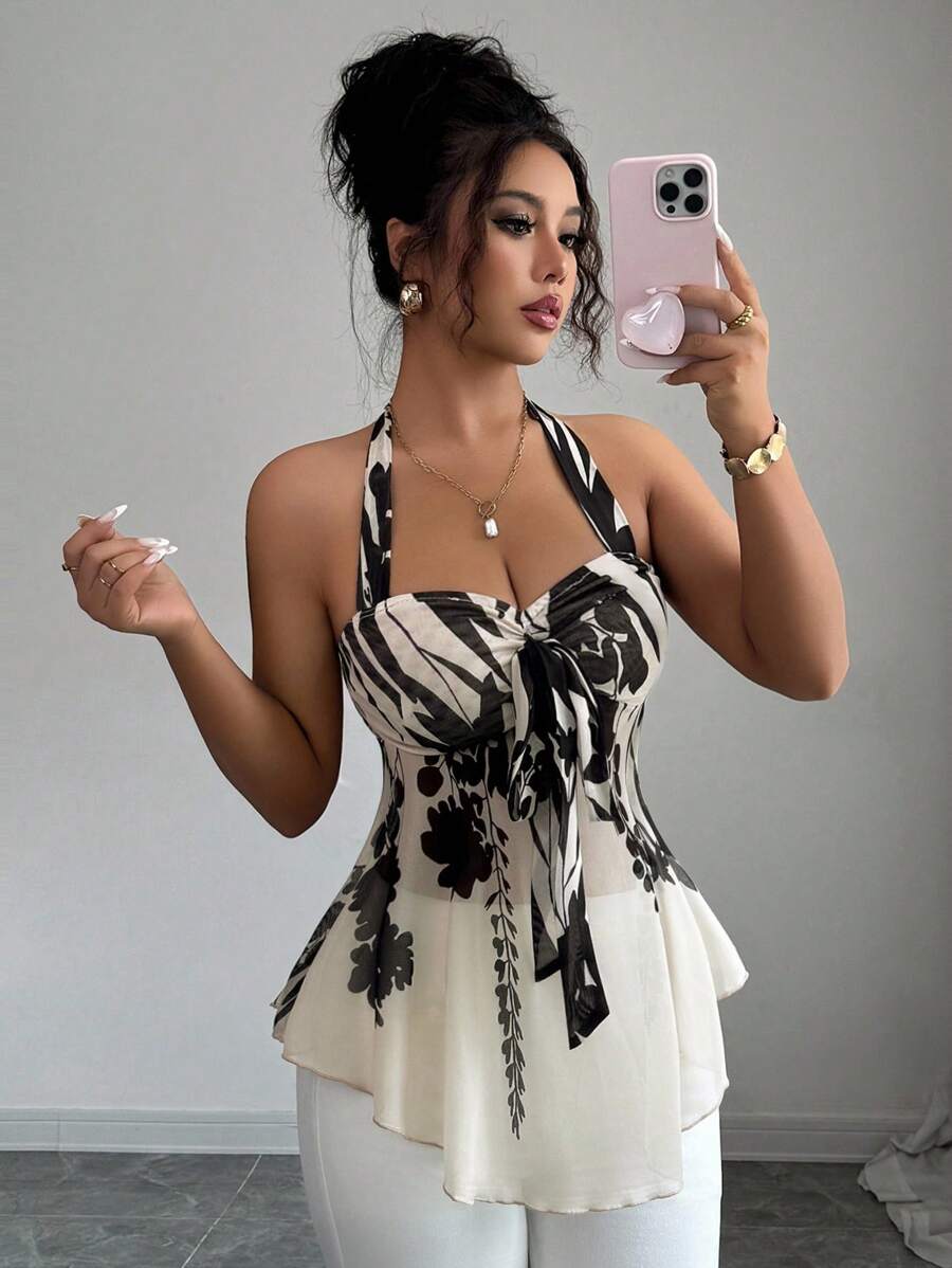 SHEIN LUNE Top sans manches en chiffon et dentelle à bretelles fines pour femme, décolleté dans le dos, taille froncée, casual, imprimé, couleur abricot, pour vacances