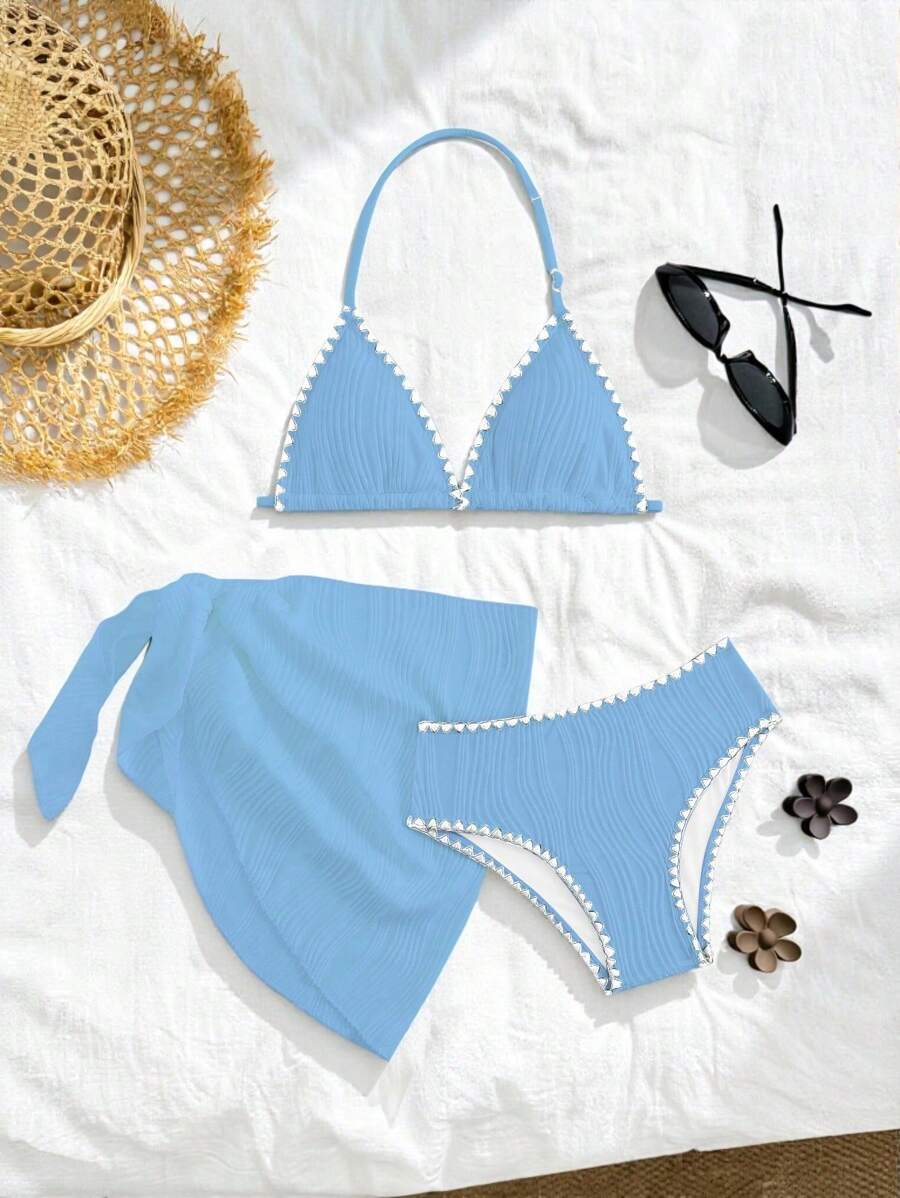SHEIN Nuevo conjunto de 3 piezas de traje de baño de moda para adolescentes chicas, hecho de tela especializada
